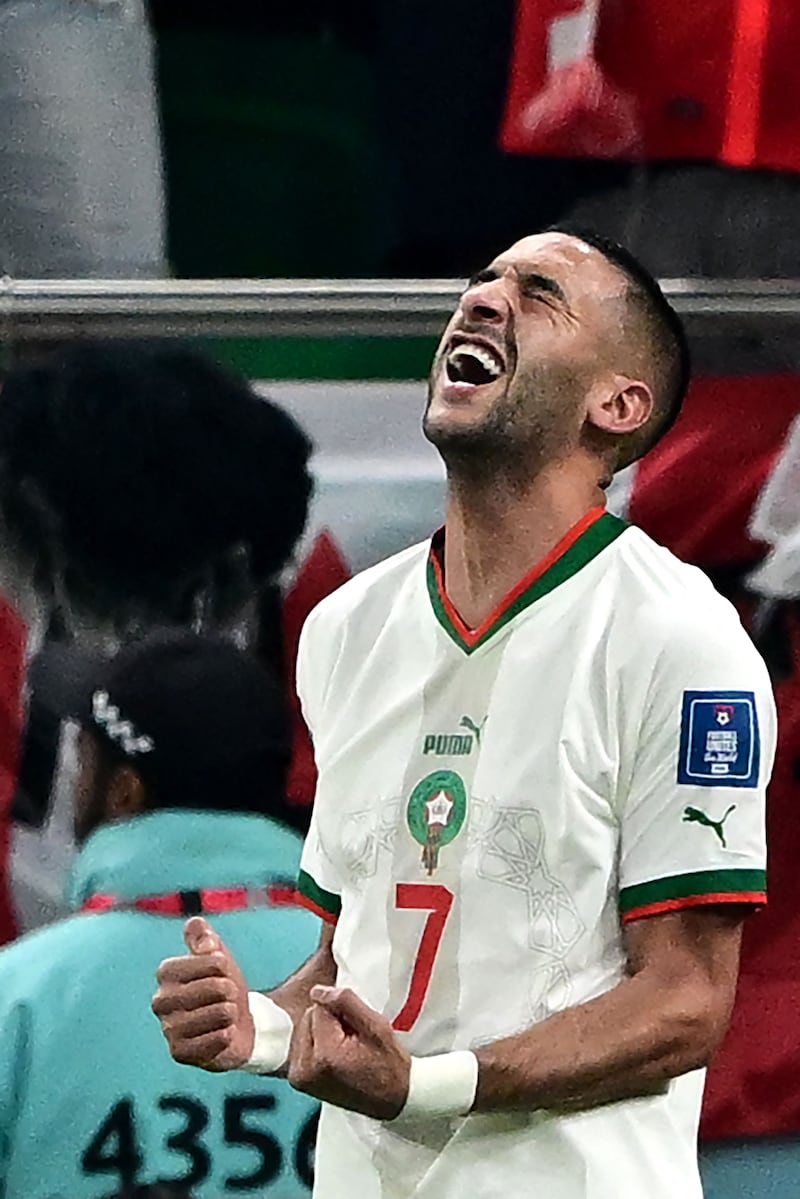 Hakim Ziyech celebrates scoring Morocco's first goal. AFP