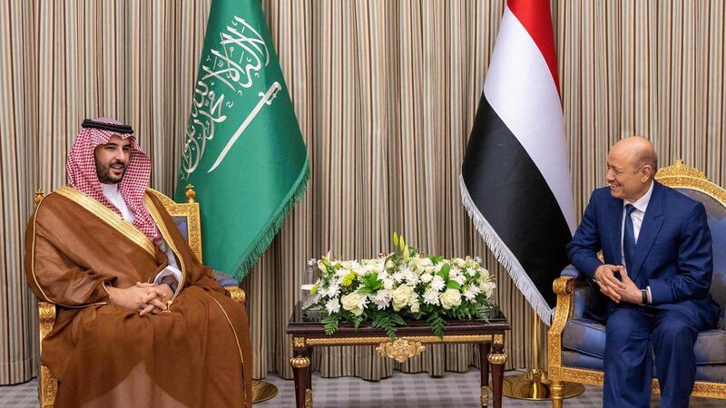 Yemen's PLC head Rashad Al Alimi, right, with Saudi Defence Minister Prince Khalid bin Salman in Riyadh. SPA