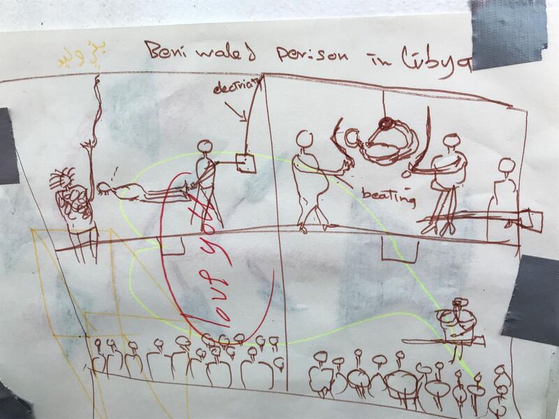 A drawing of made by a rescued migrant called Adam shows a torture scene in Bani Walid secret prison in northwest Libya .