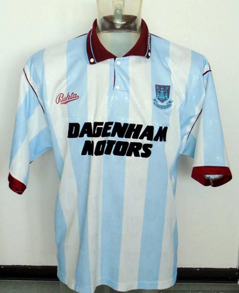 3) 1991-93 away: Bukta's blue and white striped top with claret trim that has rightly not been repeated again since by the Hammers. Relegation and promotion occurred as the team abandoned a plain white away kit for the first time in more than 15 years. Courtesy Football Kit Archive
