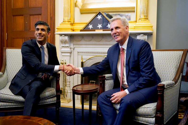 Rishi Sunak shakes hands with US House Speaker Kevin McCarthy during a meeting at Capitol Hill. AP
