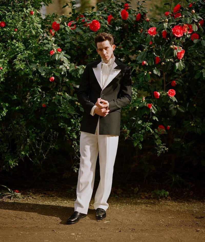 'The Crown' star Josh O'Connor wears custom Loewe to attend the 78th annual Golden Globe Awards from home on February 28, 2021. Instagram / Harry Lambert
