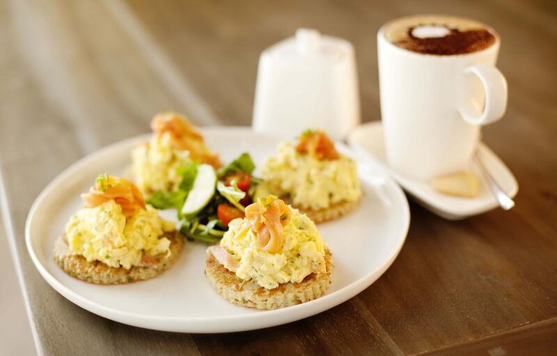Smoked Salmon blinis are among the offerings on the breakfast menu at THE One Deli in Jumeirah, Dubai or the Khalidiya Theatre in ABu Dhabi. Courtesy THE One