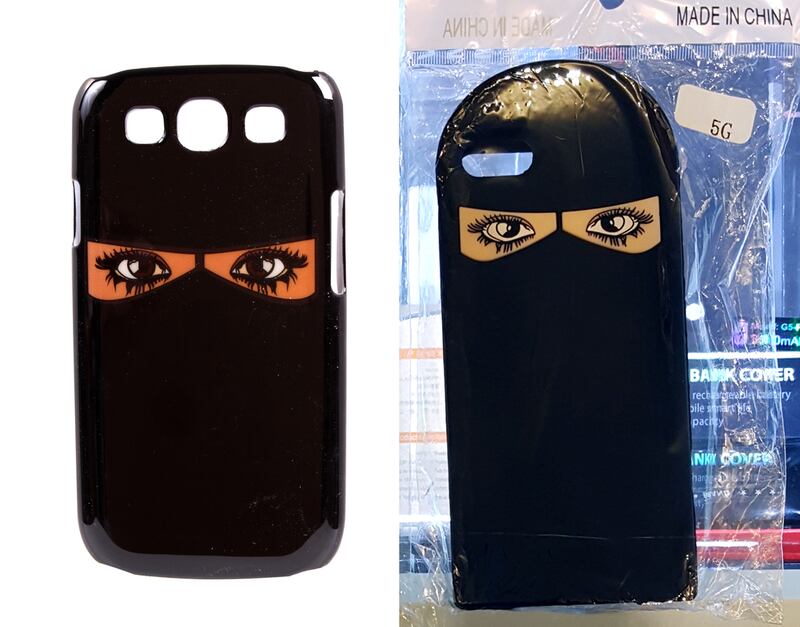 From left: A niqab phone cover from the FMM by Fatma AlMulla range; a bootlegged version of the phone cover. Courtesy FMM by Fatma AlMulla; iStockphoto.com