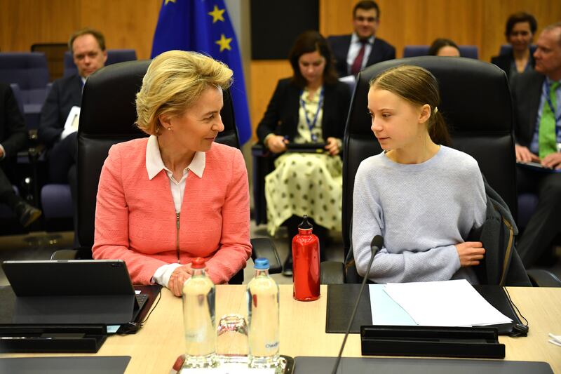 Greta Thunberg attends a meeting with President of the European Commission Ursula von der Leyen as they announce a new EU climate deal, at the European Commission in Brussels, in March 2020. 