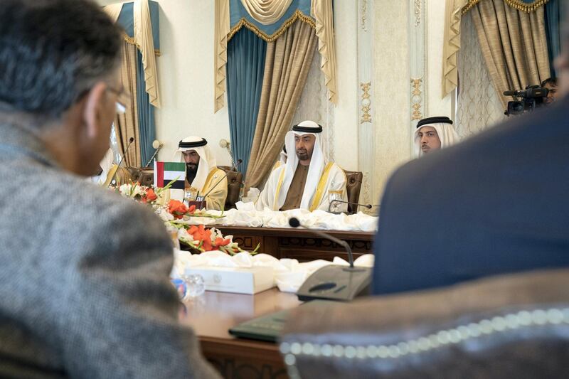 ISLAMABAD, PAKISTAN - January 06, 2019: HH Sheikh Mohamed bin Zayed Al Nahyan, Crown Prince of Abu Dhabi and Deputy Supreme Commander of the UAE Armed Forces (C), meets with HE Imran Khan, Prime Minister of Pakistan (not shown), at the Prime Minister's residence. Seen with HH Sheikh Mansour bin Zayed Al Nahyan, UAE Deputy Prime Minister and Minister of Presidential Affairs (R) and HH Sheikh Nahyan Bin Zayed Al Nahyan, Chairman of the Board of Trustees of Zayed bin Sultan Al Nahyan Charitable and Humanitarian Foundation (L).

(  Mohammed Al Hammadi / Ministry of Presidential Affairs )
---