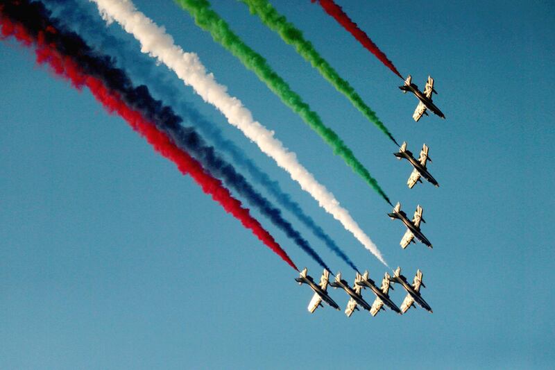 Al Fursan, United Arab Emirates' Air Force acrobatics team performs during the "Union Fortress 6" military parade in Al Hamra, Ras al Khaimah, United Arab Emirates November 1, 2019. REUTERS/Christopher Pike