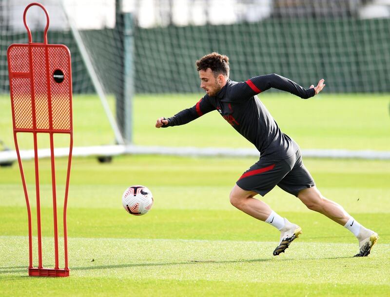 LIVERPOOL, ENGLAND - SEPTEMBER 25: (THE SUN OUT, THE SUN ON SUNDAY OUT) Diogo Jota of Liverpool during the training session at Melwood Training Ground on September 25, 2020 in Liverpool, England. (Photo by Andrew Powell/Liverpool FC via Getty Images)