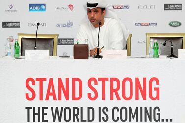 Fahad Al Shamsi, chief executive of the UAEJJF, speaks at the launch of the Abu Dhabi World Professional Jiu-Jitsu Championship 2019 at the St Regis Corniche in Abu Dhabi. Chris Whiteoak / The National