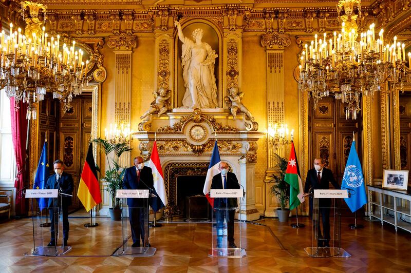 From left to right, German Foreign Minister Heiko Maas, Egyptian Foreign Minister Sameh Shoukry, French Foreign Affairs Minister Jean-Yves Le Drian and Jordanian Foreign Minister Ayman Safadi speak to the media during a press conference in Paris. AP
