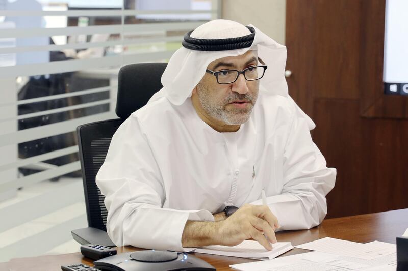 ABU DHABI, UNITED ARAB EMIRATES - March 29, 2020: HE Abdul Rahman Mohamed Al Owais, UAE Minister of Health and Prevention (C), participates in a video conference briefing for HH Sheikh Mohamed bin Zayed Al Nahyan, Crown Prince of Abu Dhabi and Deputy Supreme Commander of the UAE Armed Forces (not shown), on the latest national efforts to combat Covid-19.

( Handout )
---