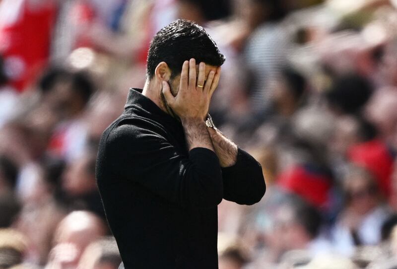 Arsenal manager Mikel Arteta after a missed chance in the first half. Reuters