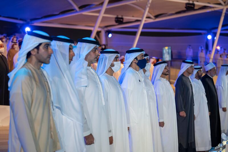 Sheikh Saif bin Zayed, Deputy Prime Minister and Minister of Interior; Sheikh Abdullah bin Zayed, Minister of Foreign Affairs and International Co-operation; Sheikh Tahnoon bin Mohamed, Ruler's Representative in Al Ain Region; Sheikh Hazza bin Zayed, Vice Chairman of the Abu Dhabi Executive Council; Sheikh Hazza bin Tahnoon, undersecretary to the Ruler's Representative in Al Ain Region; Sheikh Khaled bin Zayed, Chairman of the Board of Zayed Higher Organisation for Humanitarian Care and Special Needs; Sheikh Omar bin Zayed, Deputy Chairman of the Board of Trustees of Zayed bin Sultan Al Nahyan Charitable and Humanitarian Foundation; Sheikh Issa bin Zayed; Sheikh Maktoum bin Hamad Al Sharqi; and Dr Ahmed Al Tayeb, Grand Imam of Al Azhar Mosque. Photo: Mohamed Al Hammadi / Ministry of Presidential Affairs