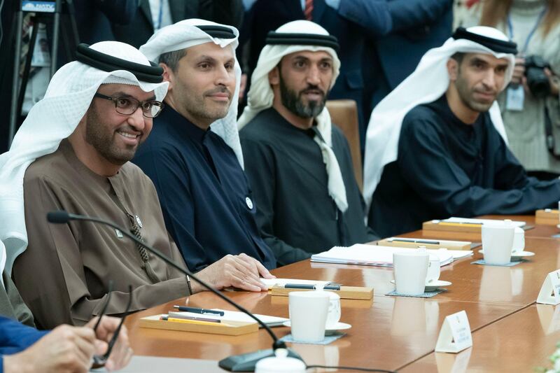 SEOUL, REPUBLIC OF KOREA (SOUTH KOREA) - February 26, 2019: (L-R) HE Dr Sultan Ahmed Al Jaber, UAE Minister of State, Chairman of Masdar and CEO of ADNOC Group, HE Khaldoon Khalifa Al Mubarak, CEO and Managing Director Mubadala, Chairman of the Abu Dhabi Executive Affairs Authority and Abu Dhabi Executive Council Member, HE Mohamed Mubarak Al Mazrouei, Undersecretary of the Crown Prince Court of Abu Dhabi and HE Dr Thani Al Zeyoudi UAE Minister for Climate Change and Environment, attend a meeting with HE Moon Hee-sang, Speaker of the National Assembly (not shown), at the National Assembly Building of the Republic of Korea (South Korea). 

( Hamad Al Mansoori / Ministry of Presidential Affairs )
---