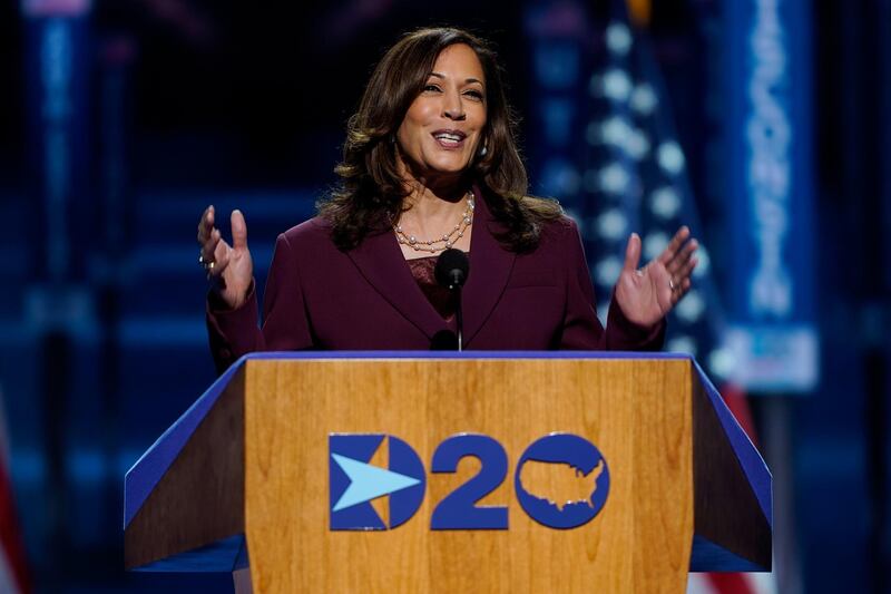 Democratic vice presidential candidate Sen. Kamala Harris, D-Calif., speaks during the third day of the Democratic National Convention, Wednesday, Aug. 19, 2020, at the Chase Center in Wilmington, Del. Republicans keep getting Harris' name wrong, and Democrats say it's not a slip-up. President Donald Trump and Vice President Mike Pence have both mispronounced the Democratic vice presidential candidate's first name in recent days. (AP Photo/Carolyn Kaster)