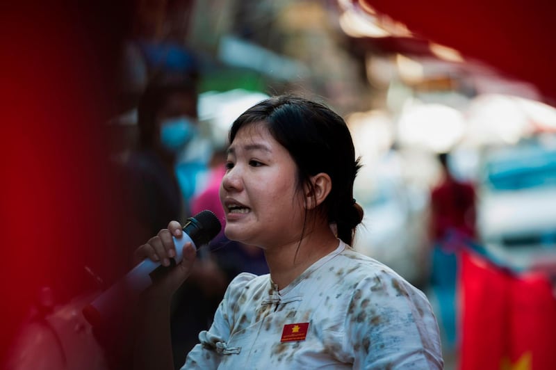 Ei Tinzar Maung speaks during a campaign ahead of the November 8 general election. AFP