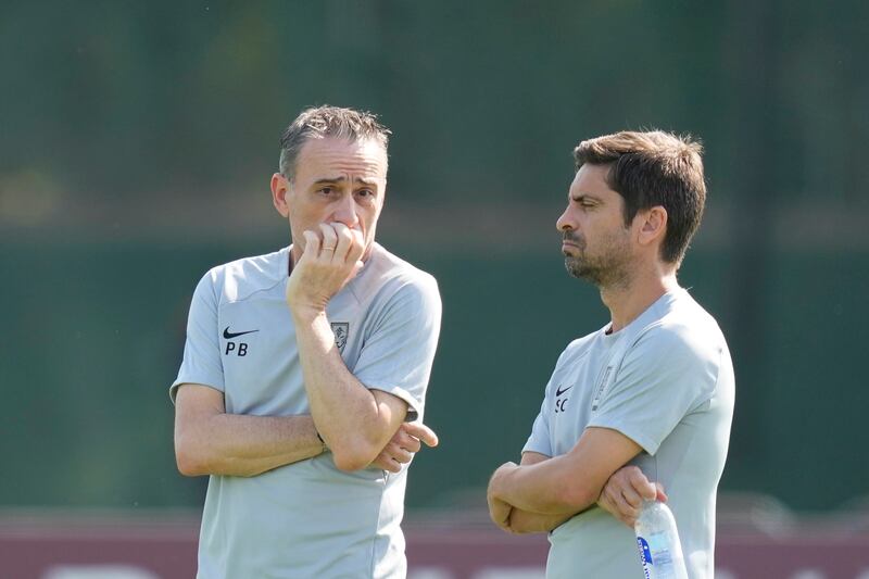 South Korea coach Paulo Bento with assistant coach Sergio Costa at the Al Egla centre. AP