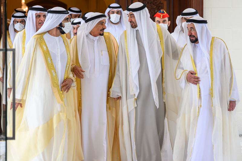 The President, Sheikh Mohamed, receives rulers of the Emirates and congratulates them on the occasion of the Eid Al Adha this month. Photo: Presidential Court