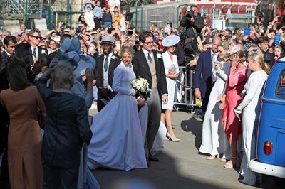 Newly married Ellie Goulding and Caspar Jopling leave York Minster after their wedding, in York, England, Saturday Aug. 31, 2019. (Danny Lawson/PA via AP)