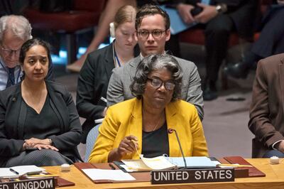 Linda Thomas-Greenfield speaks during a Security Council meeting at UN headquarters. AP