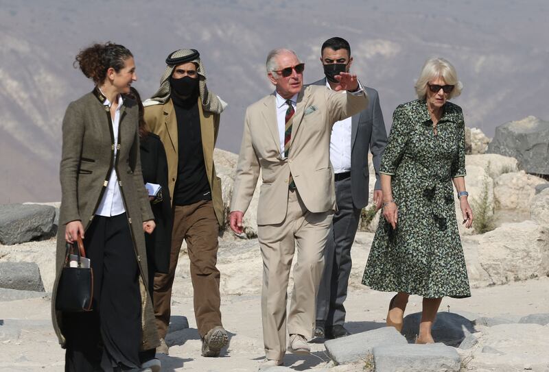 Charles and Camilla are accompanied by Jordan's Prince Ghazi bin Muhammad on a visit to Gadara, Umm Qais. AFP