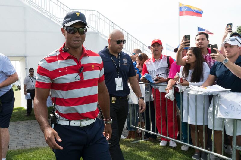 Sep 26, 2017; Jersey City, NJ, USA; U.S. Team assistant captain Tiger Woods during The Presidents Cup golf tournament at Liberty National Golf Course. Mandatory Credit: Bill Streicher-USA TODAY Sports