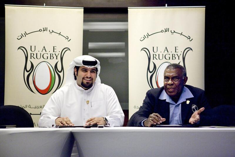 Saood Belshalat, left, was named the chairman of the newly formed UAE Rugby League Committee. Christopher Pike / The National