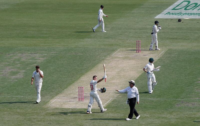 Marnus Labuschagne  celebrates after reaching his century. Getty