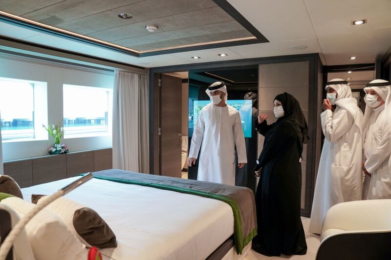Sheikh Mansoor bin Mohammed toured the interiors of the superyacht. Dubai Media Office
