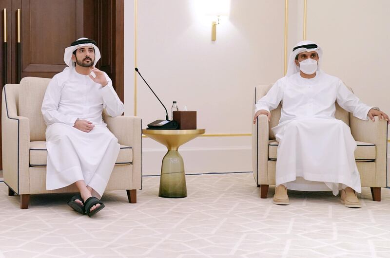 Sheikh Hamdan bin Mohammed hands over the Dubai Electricity and Water Authority the banner of the Hamdan bin Mohammed Program for Government Services 2020. WAM                   