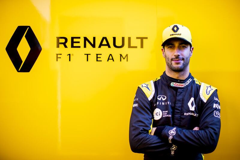 MONTMELO, SPAIN - MARCH 01: Daniel Ricciardo of Australia and Renault Sport F1 poses for a photo during day four of F1 Winter Testing at Circuit de Catalunya on March 01, 2019 in Montmelo, Spain. (Photo by Mark Thompson/Getty Images)