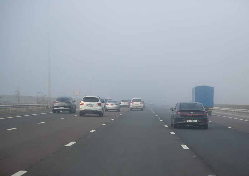 Traffic slowed on the E11 highway at Al Raha due to fog.
