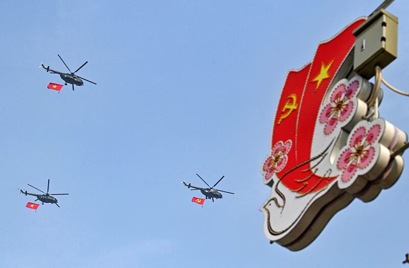 Helicopters fly above Dien Bien Phu city, as Vietnam prepares to commemorate the 70th anniversary of the victory against French colonial forces. AFP