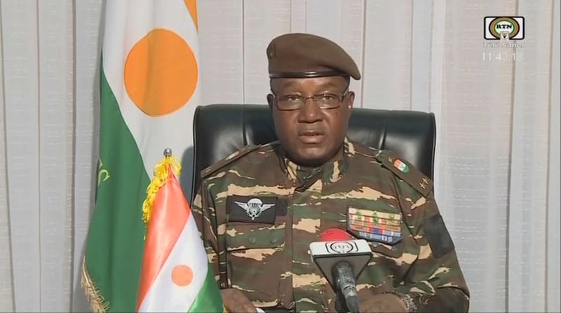 Gen Abdourahamane Tiani addresses national Niger TV after the military claimed to have ousted President Mohamed Bazoum. AFP