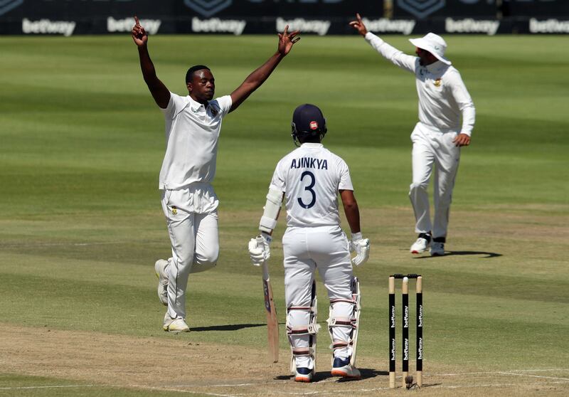 South Africa bowler Kagiso Rabada celebrates taking the wicket of India's Ajinkya Rahane for one. Reuters