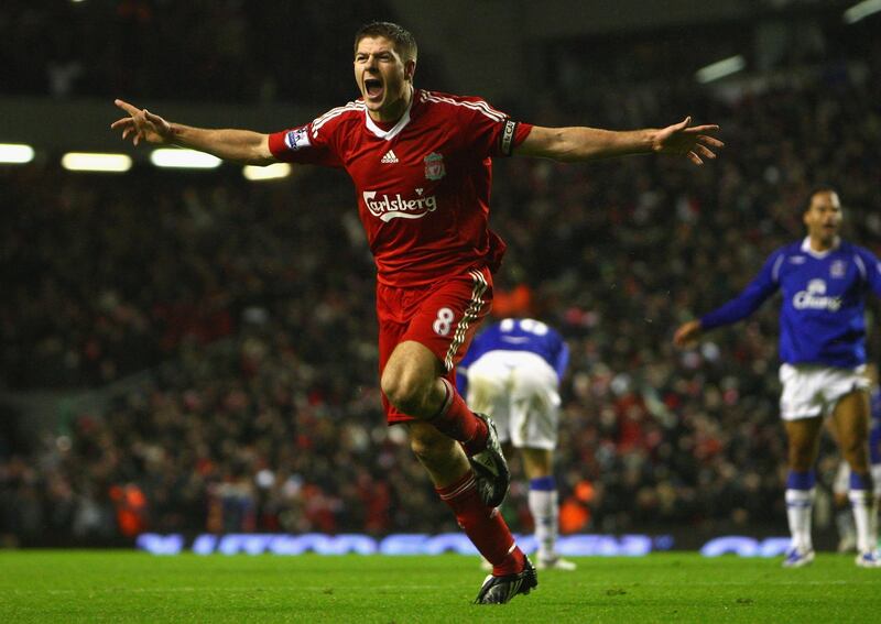 LIVERPOOL, UNITED KINGDOM - JANUARY 19:  Steven Gerrard of Liverpool celebrates scoring the opening goal during the Barclays Premier League match between Liverpool and Everton at Anfield on January 19, 2009 in Liverpool, England. (Photo by Jamie McDonald/Getty Images)