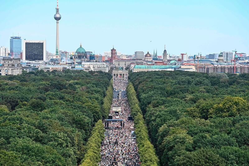 Germans take part in a demonstration to protest against the current lockdown measurements in Berlin. AFP