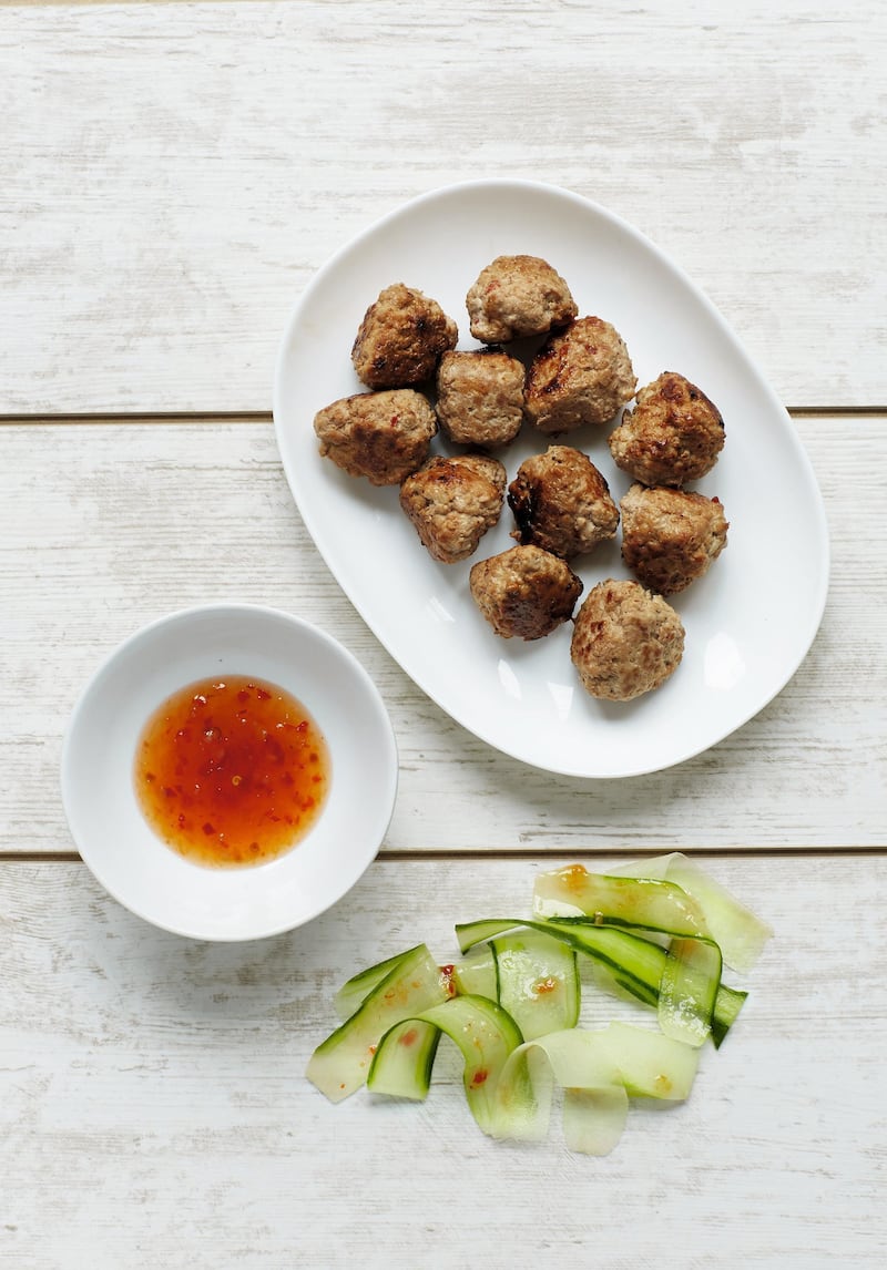 Thai chicken balls with cucumber salad. Courtesy The Baby-led Weaning Quick and Easy Recipe Book by Gill Rapley and Tracey Murkett (Vermilion)