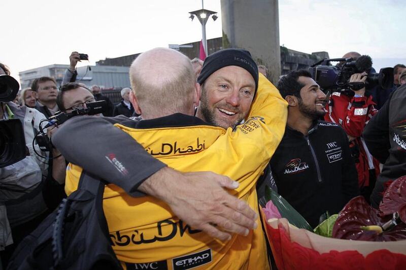 Abu Dhabi Ocean Racings skipper Ian Walker celebrates after clinching the 2014/15 Volvo Ocean Race victory on Thursday in Lorient, France. Ian Roman / Abu Dhabi Ocean Racing / Volvo Ocean Race / June 11, 2015