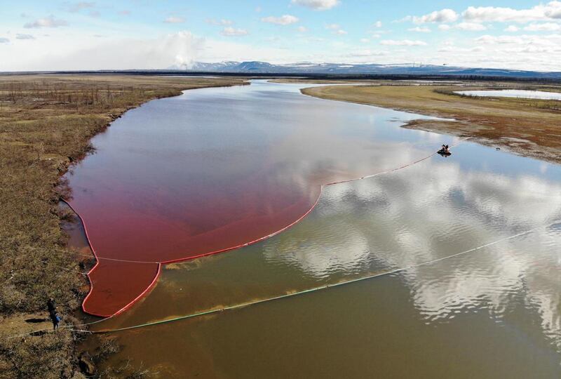 This handout photograph taken and released by the Marine Rescue Service of Russia on June 3, 2020, shows a large diesel spill in the Ambarnaya River outside Norilsk. - Russian President Vladimir Putin on June 3 ordered a state of emergency and criticised a subsidiary of metals giant Norilsk Nickel after a massive diesel spill into a Siberian river.
The spill of over 20,000 tonnes of diesel fuel took place on May 29, 2020. A fuel reservoir collapsed at a power plant near the city of Norilsk, located above the Arctic Circle, and leaked into a nearby river. (Photo by Handout / Marine Rescue Service / AFP) / RESTRICTED TO EDITORIAL USE - MANDATORY CREDIT "AFP PHOTO / MARINE RESCUE SERVICE OF RUSSIA " - NO MARKETING - NO ADVERTISING CAMPAIGNS - DISTRIBUTED AS A SERVICE TO CLIENTS