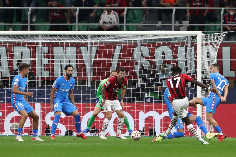 Rafael Leao of AC Milan scores their side's first goal. Getty Images