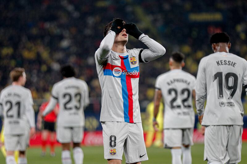 Pedri celebrates scoring for Barcelona against Villarreal in the Spanish Liga match at La Ceramica stadium, Villarreal, Spain on February 12 2023.   EPA