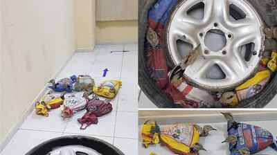 A dozen houbara birds were hidden in a car tyre by smugglers. 