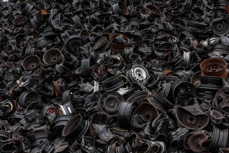 Wheels of damaged cars waiting to be recycled at the Surplus Recyclage company in Gaillac, south-western France. AFP