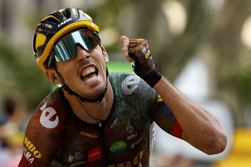 Cycling - Tour de France - Stage 19 - Castelnau-Magnoac to Cahors - France - July 22, 2022 Jumbo - Visma's Christophe Laporte celebrates winning stage 19 REUTERS / Christian Hartmann     TPX IMAGES OF THE DAY