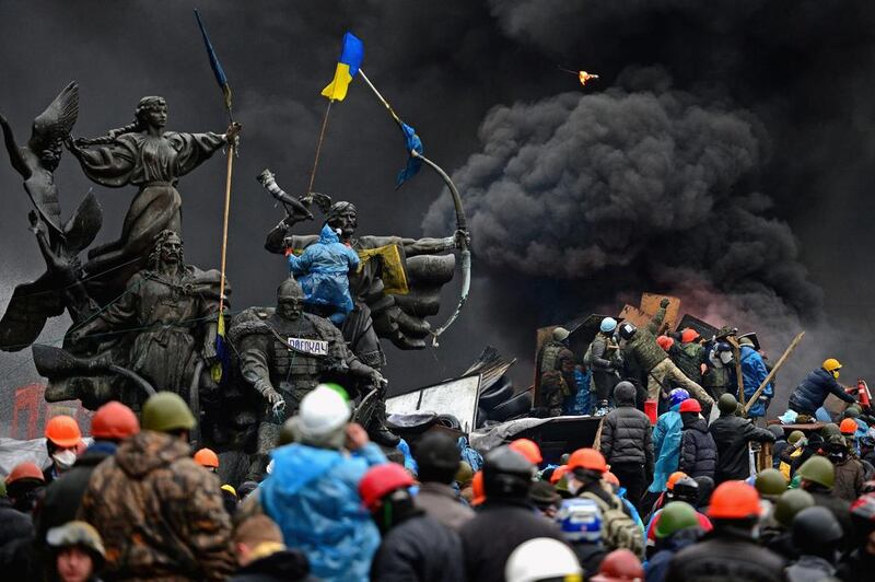 Anti-government protesters clashed with police in Independence square, despite a truce agreed between the Ukrainian president and opposition leaders on February 20 in Kiev, Ukraine.  Jeff J Mitchell / Getty Images