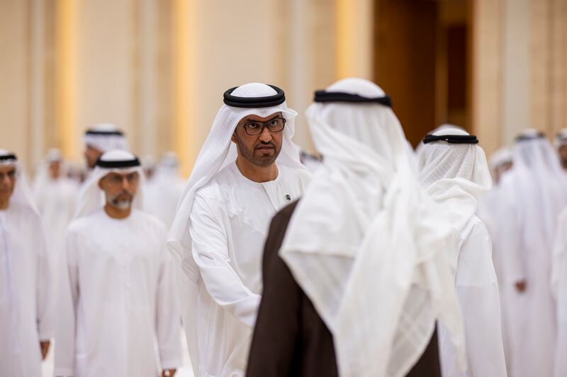 President Sheikh Mohamed receives condolences from Dr Sultan Al Jaber, Minister of Industry and Advanced Technology, Group Chief Executive of Adnoc and Chairman of Masdar, on the passing of Sheikh Tahnoon bin Mohammed, Ruler's Representative in Al Ain Region, at Al Mushrif Palace. Ryan Carter / UAE Presidential Court