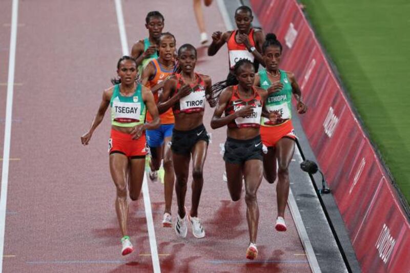 Ethiopia's Gudaf Tsegay, Kenya's Agnes Tirop, Kenya's Hellen Obiri and Ethiopia's Ejgayehu Taye compete in the women's 5,000m final during the Tokyo 2020 Olympic Games at the Olympic Stadium in Tokyo. Getty Images