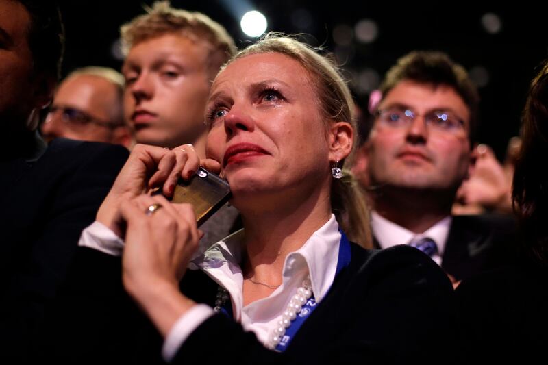 A supporter cries as President Barack Obama speaks during an election night party, Wednesday, Nov. 7, 2012, in Chicago. Obama defeated Republican challenger former Massachusetts Gov. Mitt Romney.  (AP Photo/Matt Rourke) *** Local Caption ***  Obama 2012.JPEG-0b816.jpg