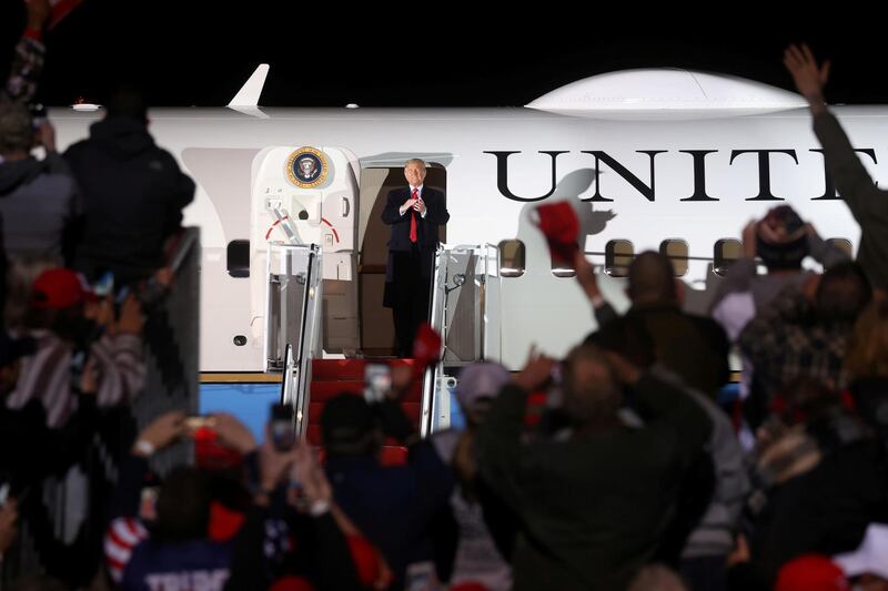 U.S. President Donald Trump arrives aboard Air Force One to hold a campaign rally at John Murtha Johnstown-Cambria County Airport in Johnstown, Pennsylvania, U.S. REUTERS